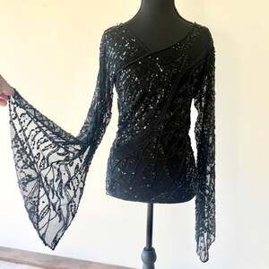 Vintage Fully Beaded Black Fairy Bell Sleeve Top